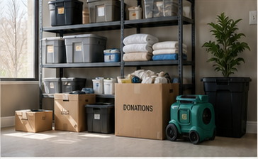 Organized supplies, labeled boxes, and cleanup equipment